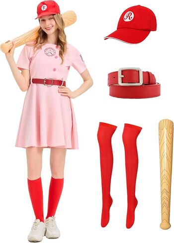 Women Baseball Costume PInk Baseball Dress Women League Costume Uniform Set with Hat Socks Inflatable Baseball Bat in Saudi Arabia