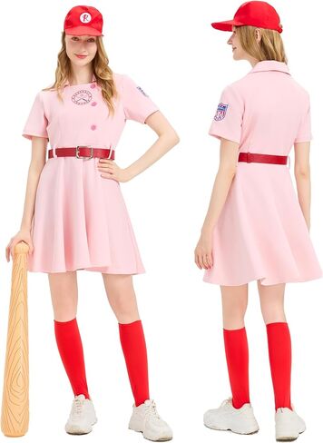 Women Baseball Costume PInk Baseball Dress Women League Costume Uniform Set with Hat Socks Inflatable Baseball Bat in Saudi Arabia