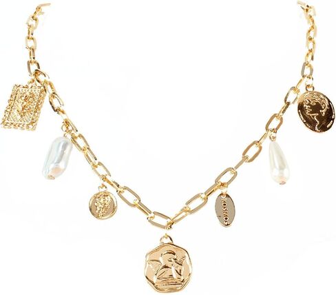 Gold Charm Necklace for Women Charm Necklace Boho Gold Vintage Pearl Head Portrait Square Pendant Necklaces Beach Necklaces Jewelry for Women in Saudi Arabia