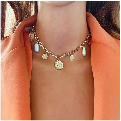 Gold Charm Necklace for Women Charm Necklace Boho Gold Vintage Pearl Head Portrait Square Pendant Necklaces Beach Necklaces Jewelry for Women in Saudi Arabia