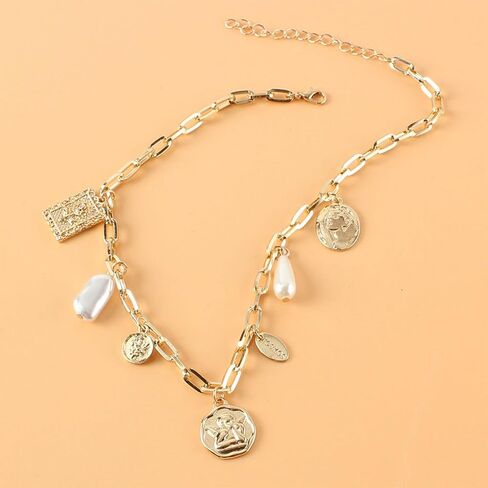 Gold Charm Necklace for Women Charm Necklace Boho Gold Vintage Pearl Head Portrait Square Pendant Necklaces Beach Necklaces Jewelry for Women in Saudi Arabia