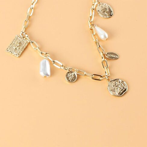 Gold Charm Necklace for Women Charm Necklace Boho Gold Vintage Pearl Head Portrait Square Pendant Necklaces Beach Necklaces Jewelry for Women in Saudi Arabia