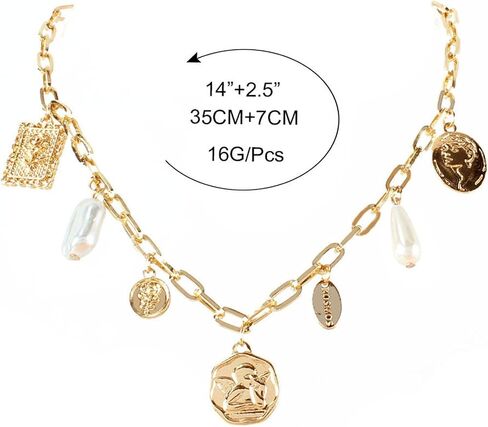 Gold Charm Necklace for Women Charm Necklace Boho Gold Vintage Pearl Head Portrait Square Pendant Necklaces Beach Necklaces Jewelry for Women in Saudi Arabia