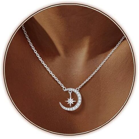 Ceakiev S925 Sterling Silver Moon و Star Netlace for Women ، قلادة CZ Cz ، هدية مجوهرات لعيد الميلاد ، الذكرى ، عيد الحب ، عيد الأم in Kuwait