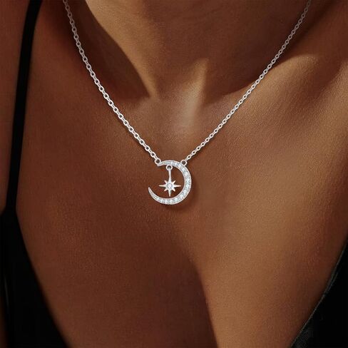 Ceakiev S925 Sterling Silver Moon و Star Netlace for Women ، قلادة CZ Cz ، هدية مجوهرات لعيد الميلاد ، الذكرى ، عيد الحب ، عيد الأم in Kuwait