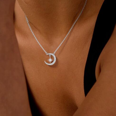 Ceakiev S925 Sterling Silver Moon و Star Netlace for Women ، قلادة CZ Cz ، هدية مجوهرات لعيد الميلاد ، الذكرى ، عيد الحب ، عيد الأم in Kuwait