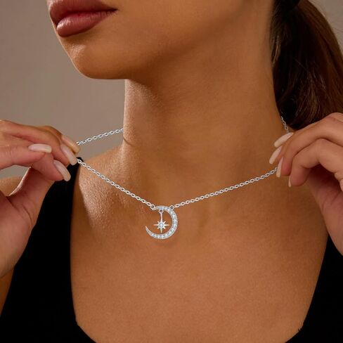 Ceakiev S925 Sterling Silver Moon و Star Netlace for Women ، قلادة CZ Cz ، هدية مجوهرات لعيد الميلاد ، الذكرى ، عيد الحب ، عيد الأم in Kuwait