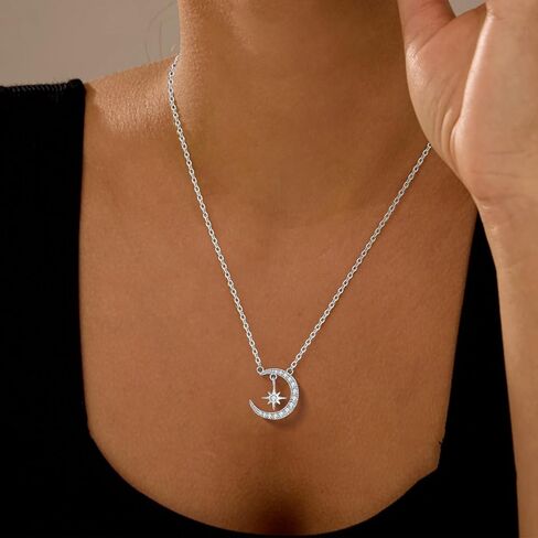 Ceakiev S925 Sterling Silver Moon و Star Netlace for Women ، قلادة CZ Cz ، هدية مجوهرات لعيد الميلاد ، الذكرى ، عيد الحب ، عيد الأم in Kuwait