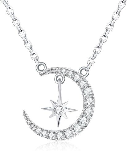 Ceakiev S925 Sterling Silver Moon و Star Netlace for Women ، قلادة CZ Cz ، هدية مجوهرات لعيد الميلاد ، الذكرى ، عيد الحب ، عيد الأم in Kuwait