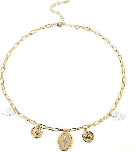 Gold Charm Necklace for Women Charm Necklace Boho Gold Vintage Pearl Head Portrait Square Pendant Necklaces Beach Necklaces Jewelry for Women in Saudi Arabia