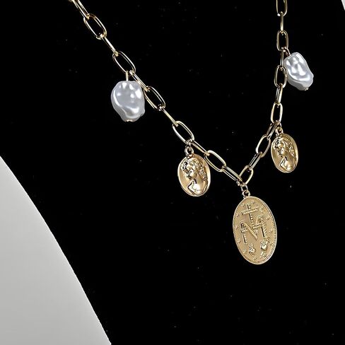 Gold Charm Necklace for Women Charm Necklace Boho Gold Vintage Pearl Head Portrait Square Pendant Necklaces Beach Necklaces Jewelry for Women in Saudi Arabia