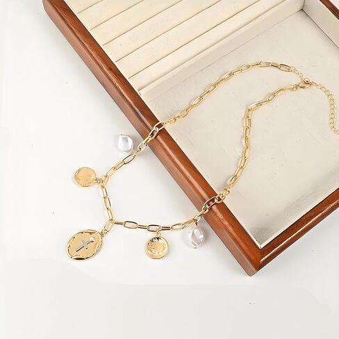 Gold Charm Necklace for Women Charm Necklace Boho Gold Vintage Pearl Head Portrait Square Pendant Necklaces Beach Necklaces Jewelry for Women in Saudi Arabia