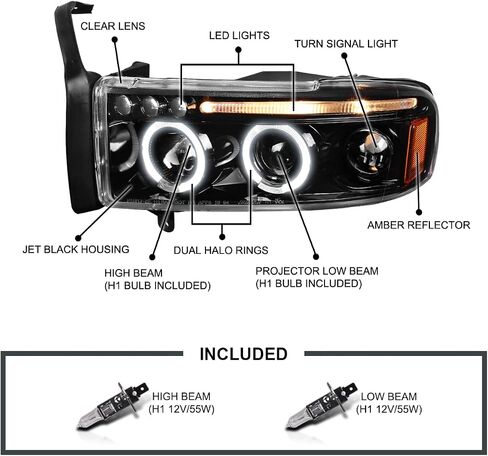 SPEC-D TUNING Jet Black LED Dual Halo Projector Headlights Compatible with 1994-2001 Dodge Ram 1500/2500/3500, Left + Right Pair Headlamps Assembly in Kuwait