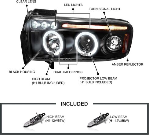 SPEC-D TUNING Jet Black LED Dual Halo Projector Headlights Compatible with 1994-2001 Dodge Ram 1500/2500/3500, Left + Right Pair Headlamps Assembly in Kuwait