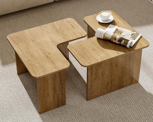 VESCASA Modern L Shaped Nesting Coffee Table Set of 2 Modular Rectangle Walnut Wood Table for Living Room in Kuwait