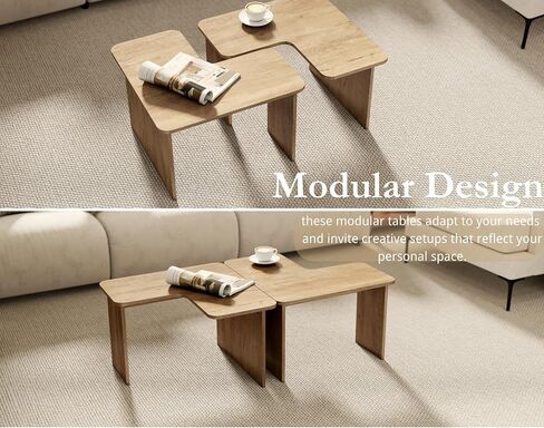 VESCASA Modern L Shaped Nesting Coffee Table Set of 2 Modular Rectangle Walnut Wood Table for Living Room in Kuwait