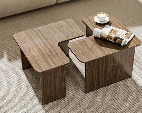 VESCASA Modern L Shaped Nesting Coffee Table Set of 2 Modular Rectangle Walnut Wood Table for Living Room in Kuwait