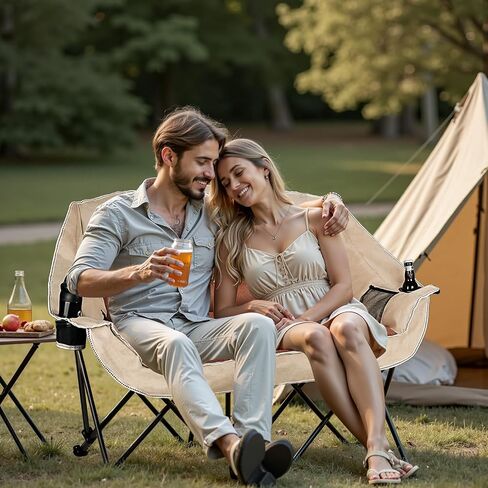 2 Person Fully Padded Camping Chair Oversized Loveseat Camping Chair Double Camping Chairs for Adults Heavy Duty Outdoor Camping Couch, Padded Seats & Armrests, 600Lbs, Beige in Saudi Arabia