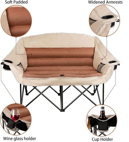 2 Person Fully Padded Camping Chair Oversized Loveseat Camping Chair Double Camping Chairs for Adults Heavy Duty Outdoor Camping Couch, Padded Seats & Armrests, 600Lbs, Beige in Saudi Arabia
