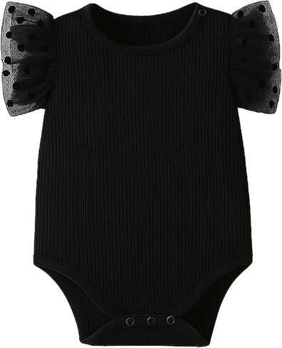 ROMPERINBOX Baby Girl Onsies Polka Dot Mesh Puff Sleeve Rib-Knit Short Sleeve Round Neck Bodysuit for 0-24 Months in Kuwait