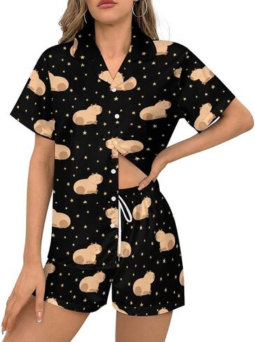 Dujiea Women Pajamas Sets Short Sleeve Sleepwear, Soft Satin Button Down Lounge Wear Set 2 Piece Pjs Shorts Set XS-2XL in Saudi Arabia