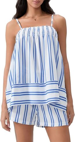 Women Striped Pajama Set Ruffle Hem Spaghetti Strap Cami Top Wide Leg Shorts Set Y2k 2 Piece Pj Outfits in Kuwait