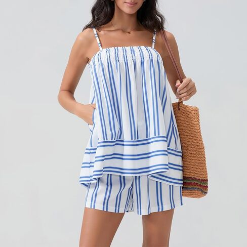 Women Striped Pajama Set Ruffle Hem Spaghetti Strap Cami Top Wide Leg Shorts Set Y2k 2 Piece Pj Outfits in Kuwait