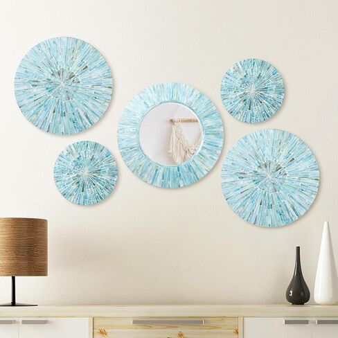 Wesiti 5 Pcs Natural Mother of Pearl Mirror Wall Decor Housewarming Gift Handmade Coastal Wall Plates Art Hanging Art for Bedroom Bathroom Decoration in Saudi Arabia