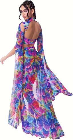 Women’s Rainbow Petal Rave Costume – 3 Piece Cutout Crop Top, Split Maxi Skirt & Thong Set for Festival & Show in Saudi Arabia