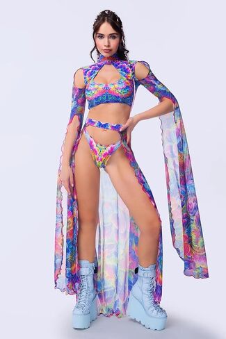 Women’s Rainbow Petal Rave Costume – 3 Piece Cutout Crop Top, Split Maxi Skirt & Thong Set for Festival & Show in Saudi Arabia
