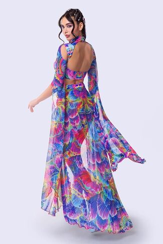 Women’s Rainbow Petal Rave Costume – 3 Piece Cutout Crop Top, Split Maxi Skirt & Thong Set for Festival & Show in Saudi Arabia