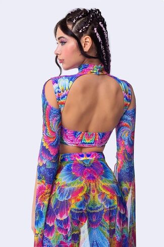 Women’s Rainbow Petal Rave Costume – 3 Piece Cutout Crop Top, Split Maxi Skirt & Thong Set for Festival & Show in Saudi Arabia