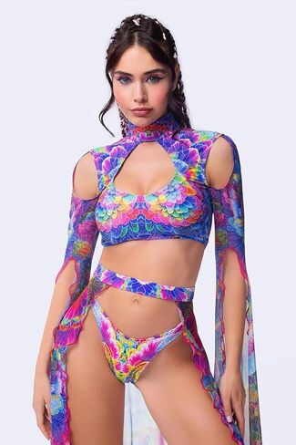 Women’s Rainbow Petal Rave Costume – 3 Piece Cutout Crop Top, Split Maxi Skirt & Thong Set for Festival & Show in Saudi Arabia
