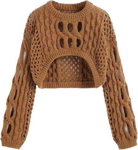 CIDER Cropped Sweaters for Women Knit Round Neckline Hollow Out Long Sleeve Crop Top Sweaters in Saudi Arabia