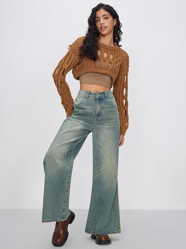 CIDER Cropped Sweaters for Women Knit Round Neckline Hollow Out Long Sleeve Crop Top Sweaters in Saudi Arabia