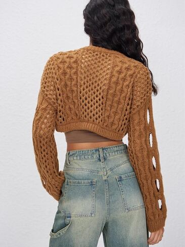CIDER Cropped Sweaters for Women Knit Round Neckline Hollow Out Long Sleeve Crop Top Sweaters in Saudi Arabia