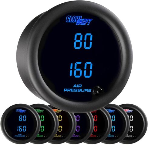 GlowShift Black 7 Color Dual Digital 220 PSI Air Pressure Kit - لأنظمة تعليق ركوب الهواء - تشمل مستشعرين إلكترونيين - عرض LED متعدد الألوان - عدسة واضحة - 2-1/16 "52 ملم in Saudi Arabia