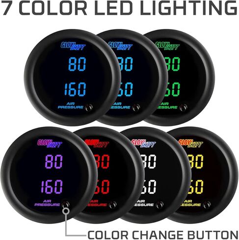 GlowShift Black 7 Color Dual Digital 220 PSI Air Pressure Kit - لأنظمة تعليق ركوب الهواء - تشمل مستشعرين إلكترونيين - عرض LED متعدد الألوان - عدسة واضحة - 2-1/16 "52 ملم in Saudi Arabia