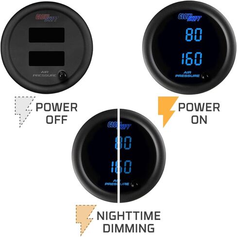 GlowShift Black 7 Color Dual Digital 220 PSI Air Pressure Kit - لأنظمة تعليق ركوب الهواء - تشمل مستشعرين إلكترونيين - عرض LED متعدد الألوان - عدسة واضحة - 2-1/16 "52 ملم in Saudi Arabia
