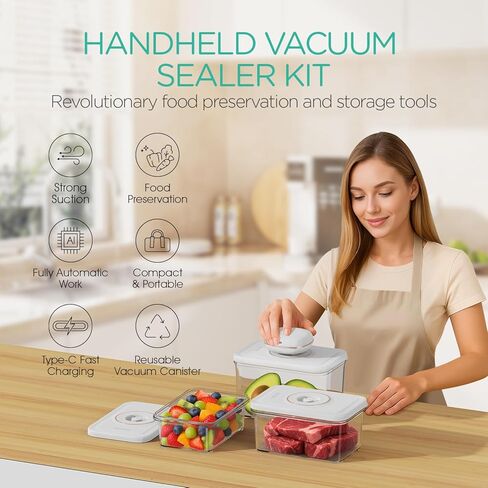 Handheld Vacuum Sealer for Food with 3 Vacuum Canisters Mini and Portable Vacuum Sealer for Food Preservation Rechargeable & Cordless Fully Automatic Food Vacuum Pump (1 Machine + 3 Containers) in Kuwait