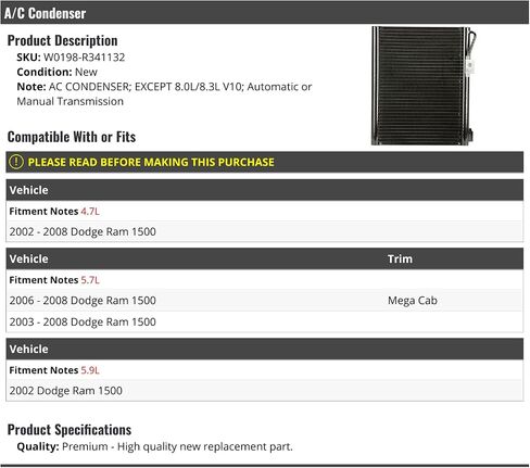 مكثف A/C - متوافق مع 2002-2008 Dodge RAM 1500 (ليس لنماذج V10) in Saudi Arabia
