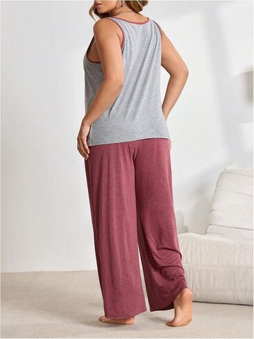 Oyoangle Women's 2 قطع بالإضافة إلى البيجامات الحجم مجموعة خزان صلبة أعلى وسروال الساق الواسعة PJS Loungewear in Saudi Arabia