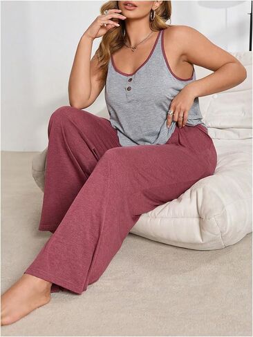 Oyoangle Women's 2 قطع بالإضافة إلى البيجامات الحجم مجموعة خزان صلبة أعلى وسروال الساق الواسعة PJS Loungewear in Saudi Arabia