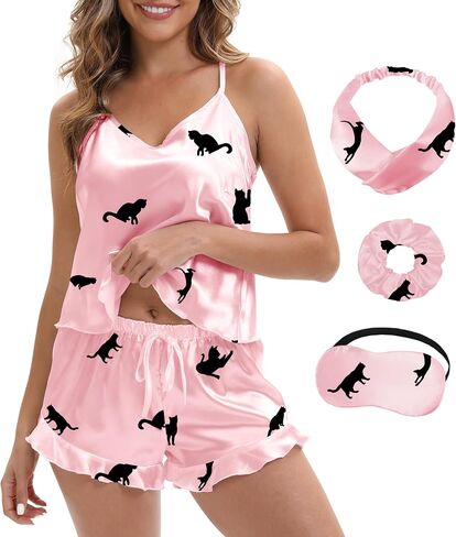 MORFORU Silk Pajamas for Women Satin Pajama Set Camisole Tops Ruffle Shorts with Sleep Mask 2 Piece Pjs Lingerie Set in Saudi Arabia