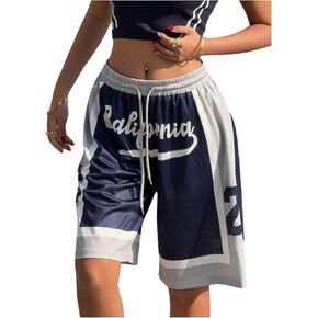 GORGLITTER Women's Baggy High Waist Jersey Shorts Color Block Letter Print Summer Loose Wide Leg Basketball Shorts in Saudi Arabia