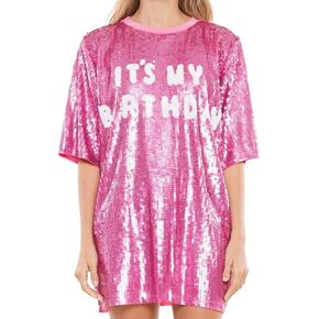 Jaytep Women's Sequin T Shirt Dress It's My Birthday One Size Fits All (Sequin One Side) in Saudi Arabia
