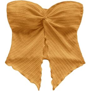 Milumia Women Strapless Twist Front Textured Lettuce Trim Slit Hem Crop Tube Top in Saudi Arabia