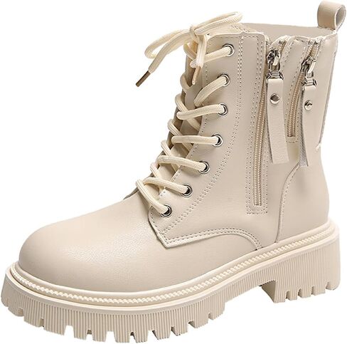 Women's Leather Lace Up Combat Platform Ankle Boots with Double Side Zipper Classic Round Toe Chunky heel Lug Sole Non-Slip Mid Calf Booties in Saudi Arabia