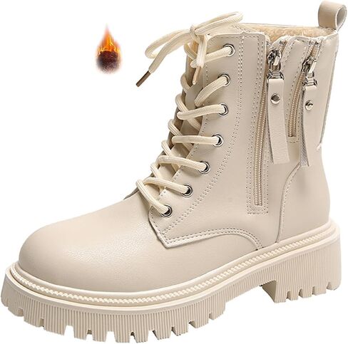 Women's Leather Lace Up Combat Platform Ankle Boots with Double Side Zipper Classic Round Toe Chunky heel Lug Sole Non-Slip Mid Calf Booties in Saudi Arabia