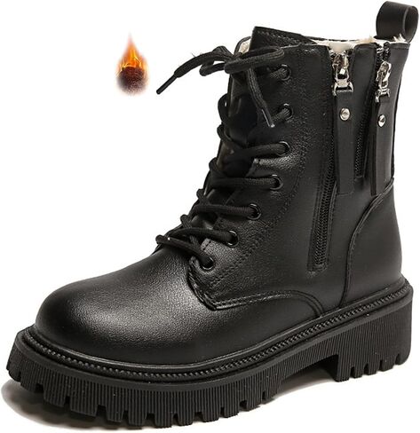 Women's Leather Lace Up Combat Platform Ankle Boots with Double Side Zipper Classic Round Toe Chunky heel Lug Sole Non-Slip Mid Calf Booties in Saudi Arabia